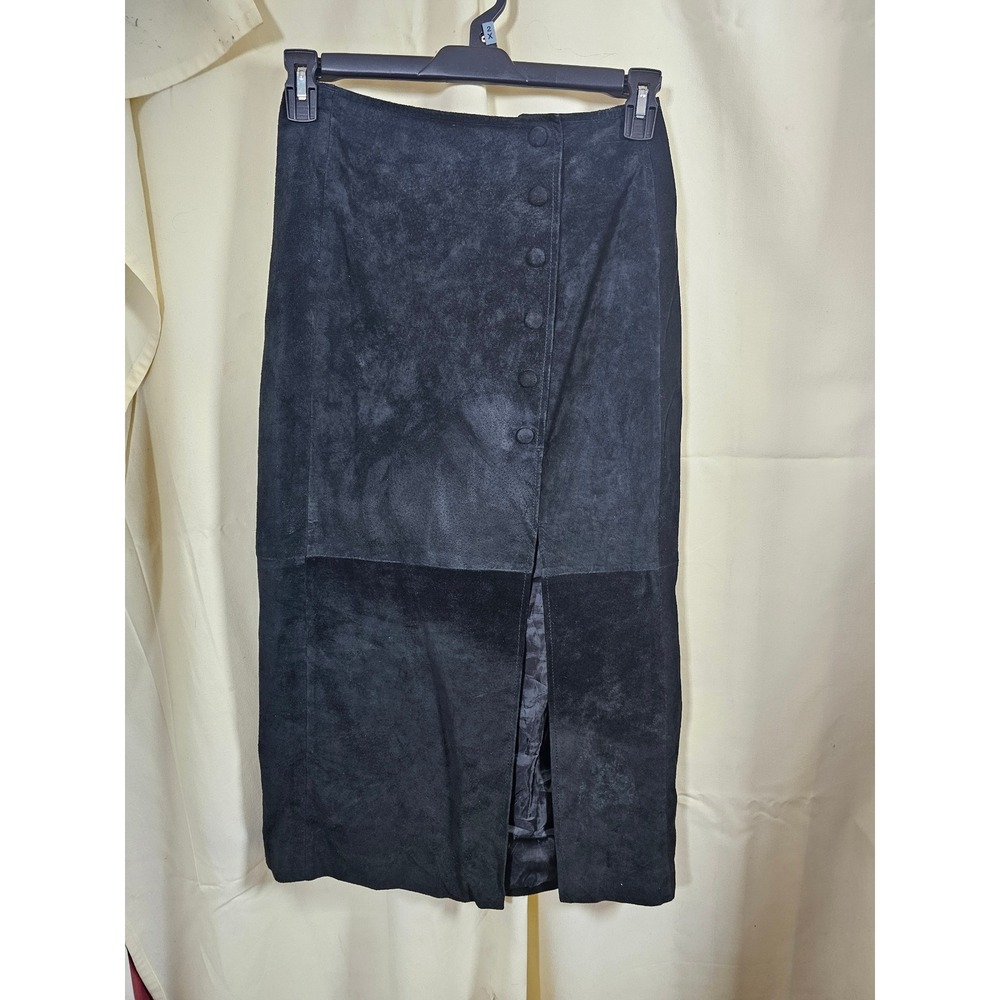 M.J. Carroll Vintage Black Suede Leather Button Front Midi Skirt Size 9/10